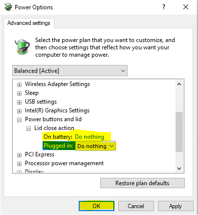 Power options lid settings don nothing