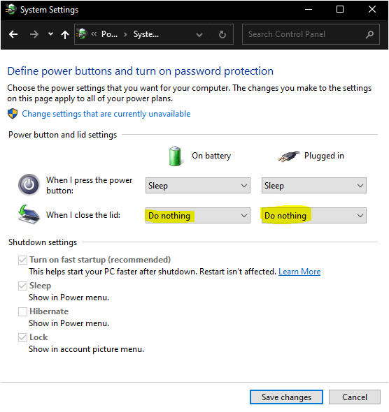 Windows laptop lid settings do nothing