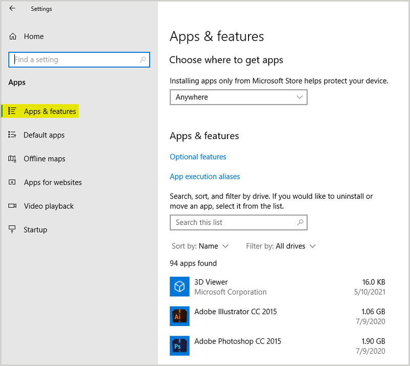 Apps and Features Windows 10