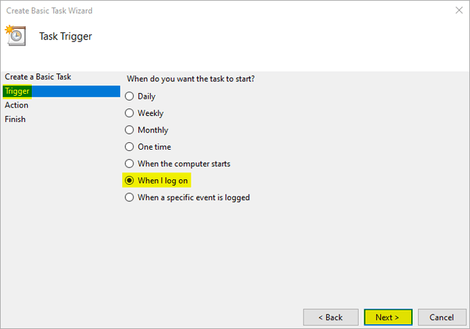 Create basic task Trigger When I log on