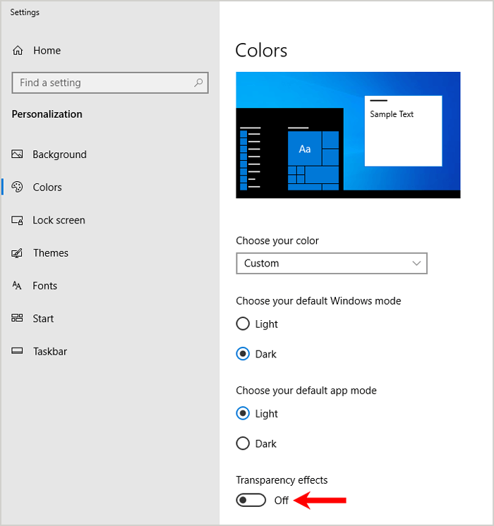 Desktop personalization color settings