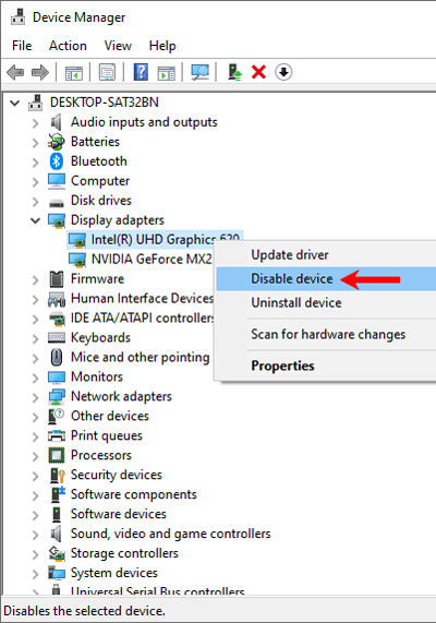 device manager display adapters disable graphics card