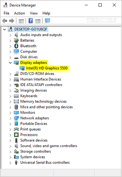 Device manager Display Adapters Info windows 10