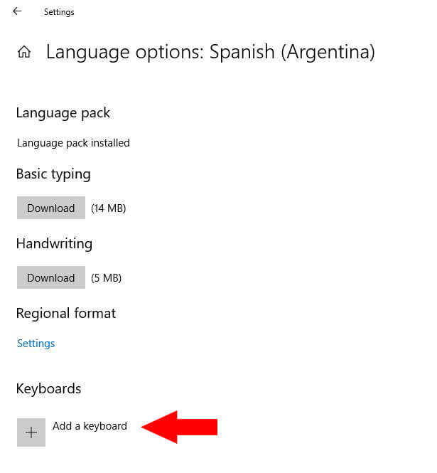 Language options add a keyboard Win10