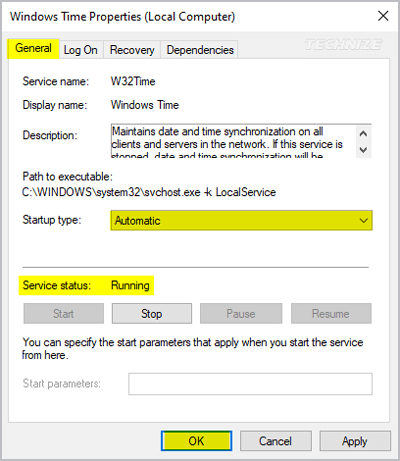 Services manager Windows time settings