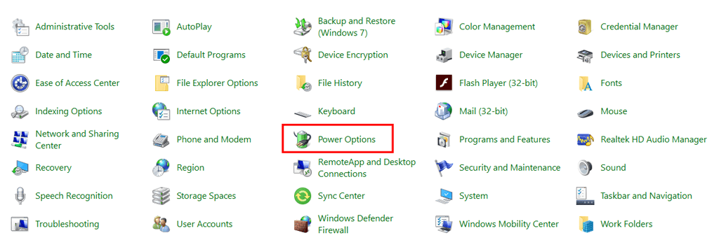 Windows 10 Control Panel Power Options