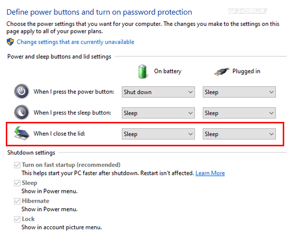 Windows 10 Power and sleep button and lid settings