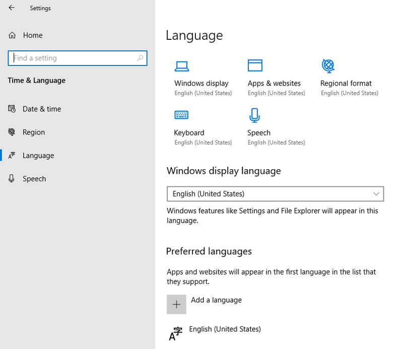 Windows 10 Time and Language Settings Keyboard
