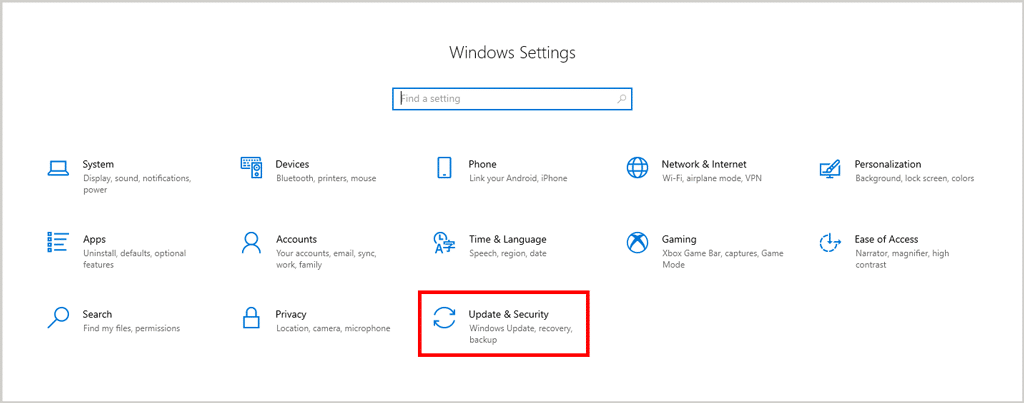 Windows settings Update and security