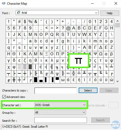 How to find pi in the character map