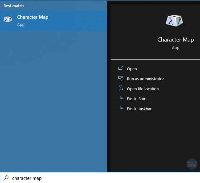 How to open character map with windows search
