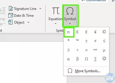 Find pi under the symbol tab in word