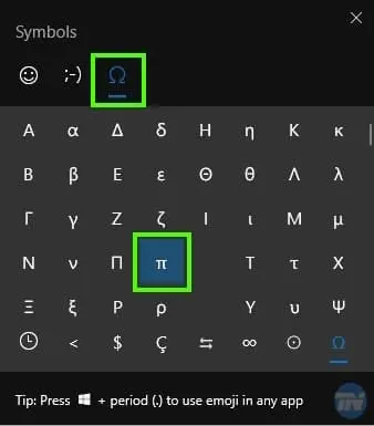 where to find the pi symbol in the emoji windows